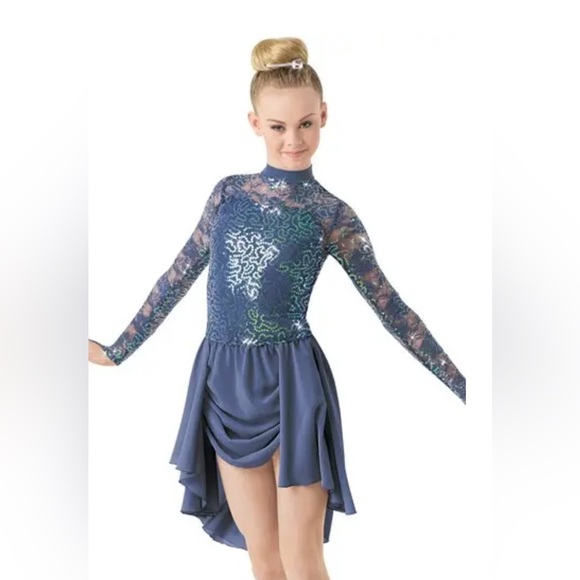 Weissman Behind The Glass 9799 Blue Stretch Sequin Long Sleeve Dress Dance Skirt - Picture 1 of 4
